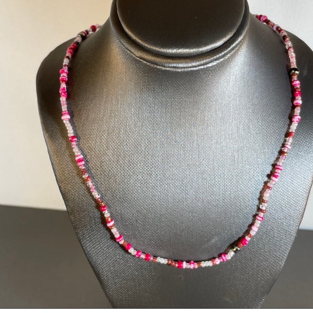 Me is We Branded Beaded Necklace Pink and White Colorful Necklace